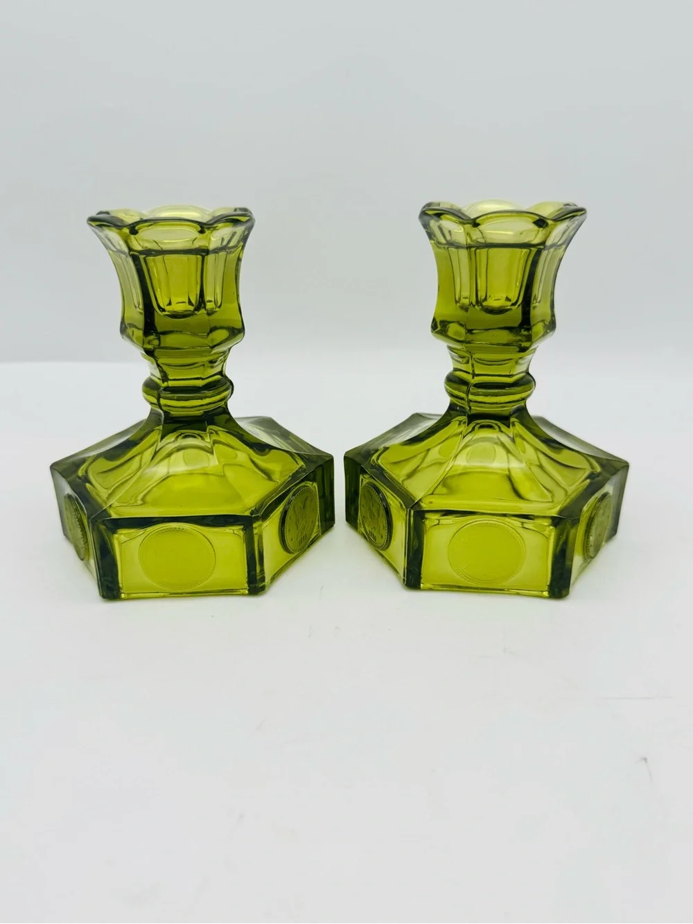 Vintage Fostoria Coin Dot Glass Set of Candleholders, Olive Green